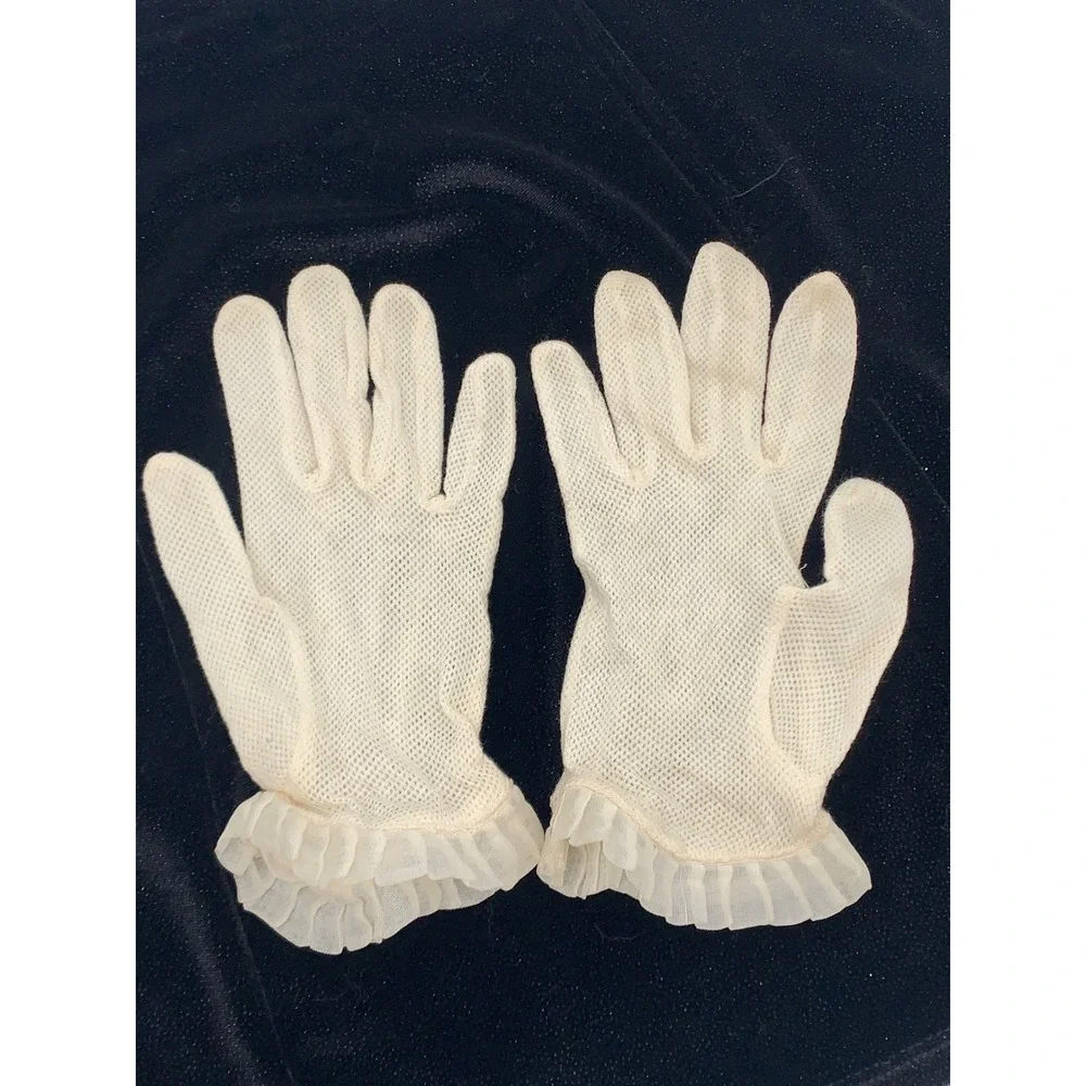 Vintage 1950s Ivory Mesh Crochet Gloves Sheer Ruffle Cuffs Tea Party Church